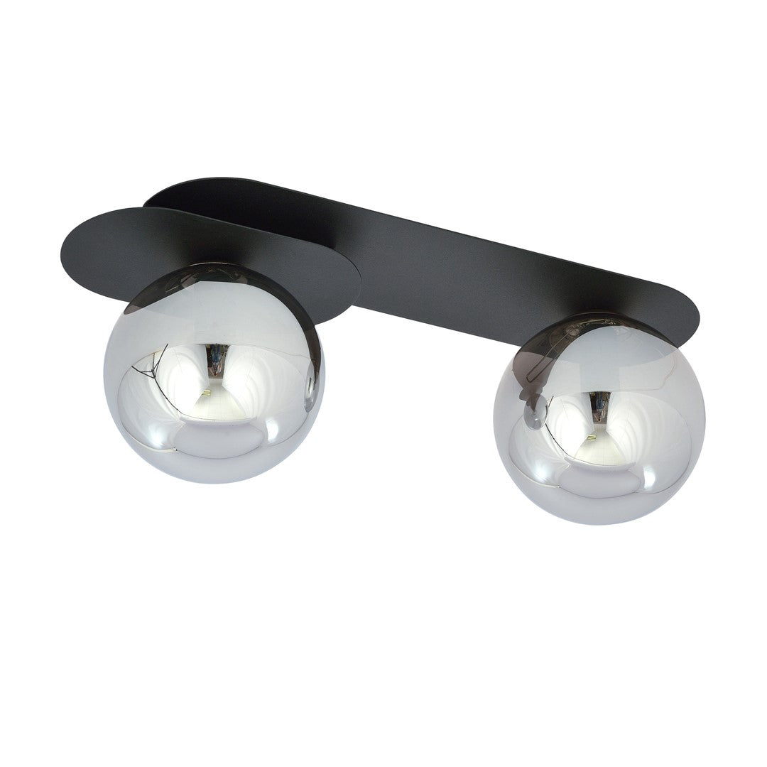 Plafondlamp gepoedercoat staal en glas Plaza 2 lichts, modern, zwart met grafiet glazen kappen, 45 cm
