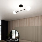 Plafondlamp gepoedercoat staal en glas, Roma modern, zwart met witte kap, 55 cm breed, 2 fittingen E14