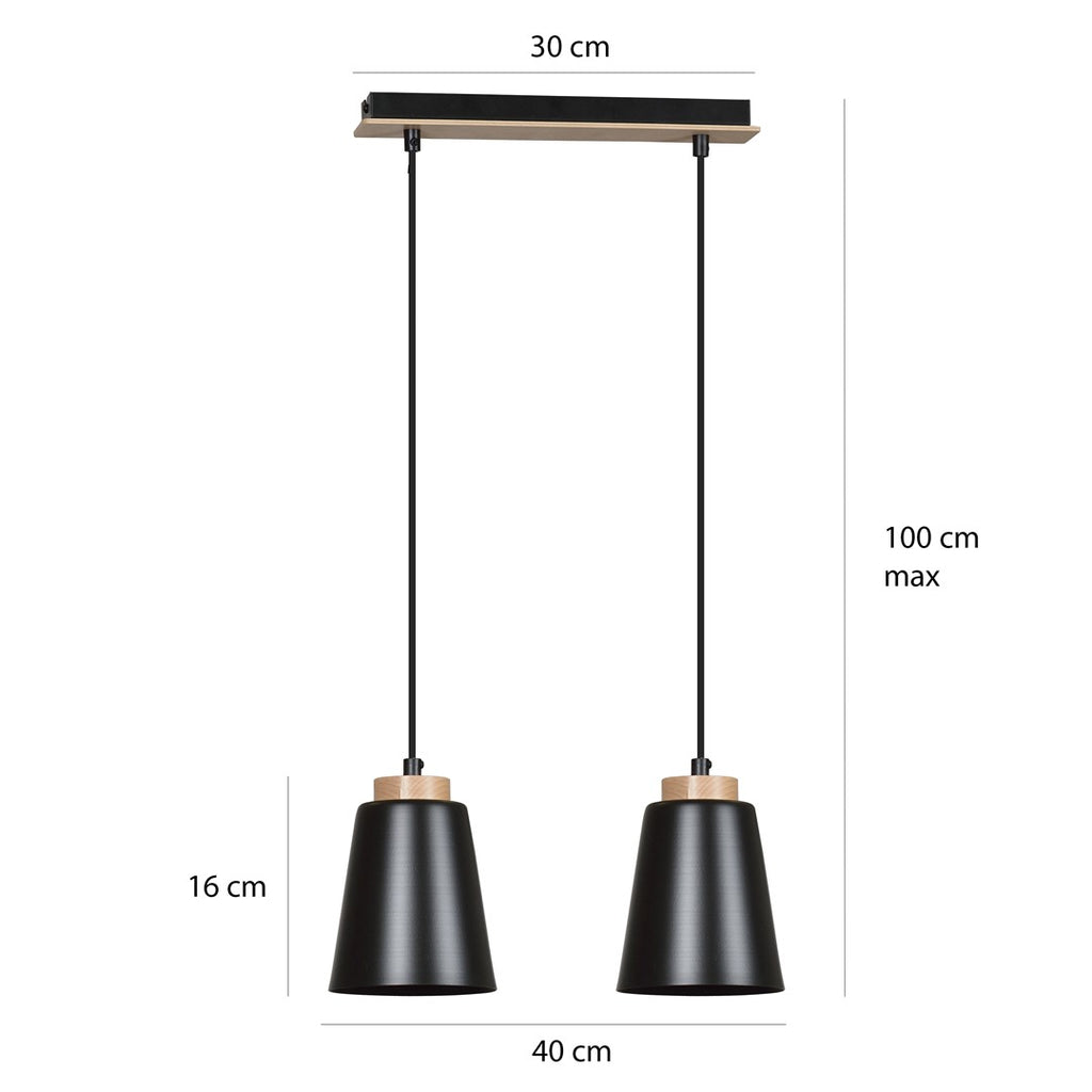Hanglamp gepoedercoat staal en hout Bolero, zwart, 2 lichts, Scandinavisch, 40 x 100 cm, woonkamer
