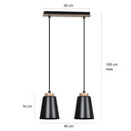 Hanglamp gepoedercoat staal en hout Bolero, zwart, 2 lichts, Scandinavisch, 40 x 100 cm, woonkamer