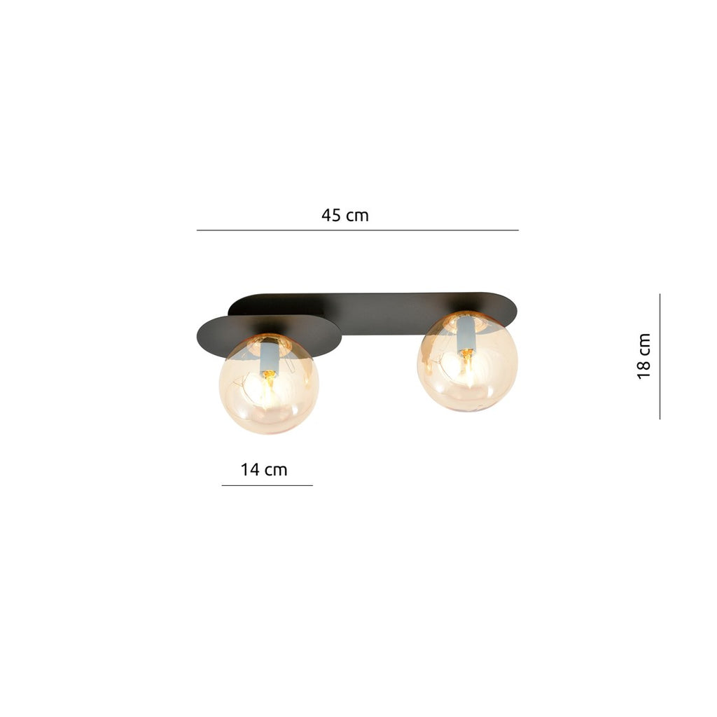 Plafondlamp Plaza gepoedercoat staal en glas, modern, zwart met amber glas, 2 lichtpunten, 45 x 18 cm