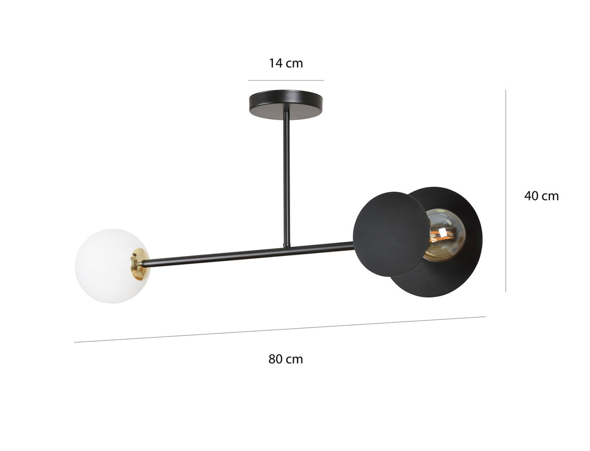 Plafondlamp Minerva gepoedercoat staal en glas, modern, zwart met wit glazen scherm, 2 lichtpunten, 80 x 40 cm