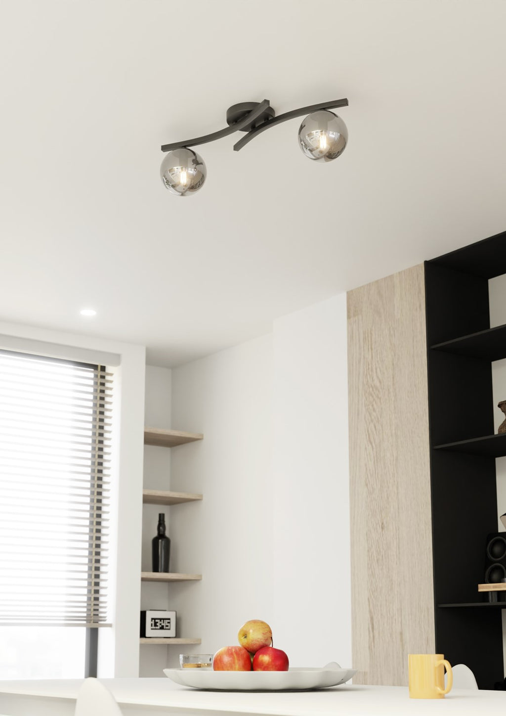 Plafondlamp gepoedercoat staal en glas Opus modern, zwart met grafiet kappen, 2 lichts, E14