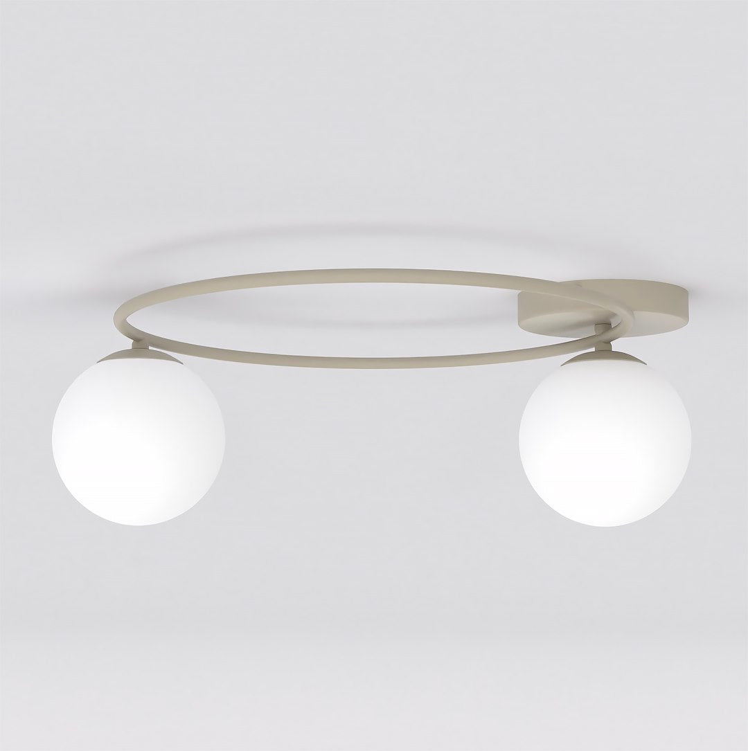 Plafondlamp staal en glas Sopra modern beige met witte glazen kappen Ø 47 cm, 2 fittingen E14, woonkamer