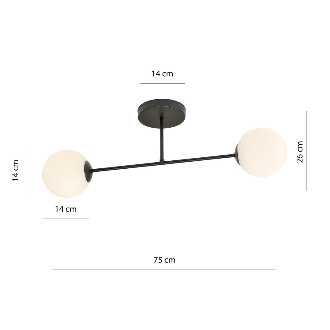Plafondlamp gepoedercoat staal en glas, Roma modern, zwart met witte kap, 55 cm breed, 2 fittingen E14