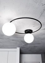 Plafondlamp Sopra 2 gepoedercoat staal en glas, minimalistisch, zwart met witte glazen kappen, 47 x 20 cm