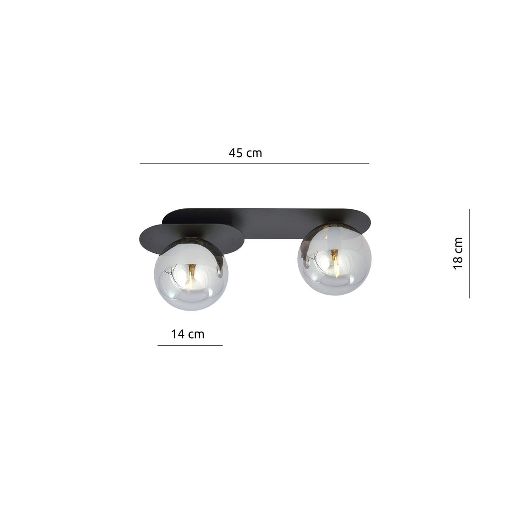 Plafondlamp gepoedercoat staal en glas Plaza 2 lichts, modern, zwart met grafiet glazen kappen, 45 cm