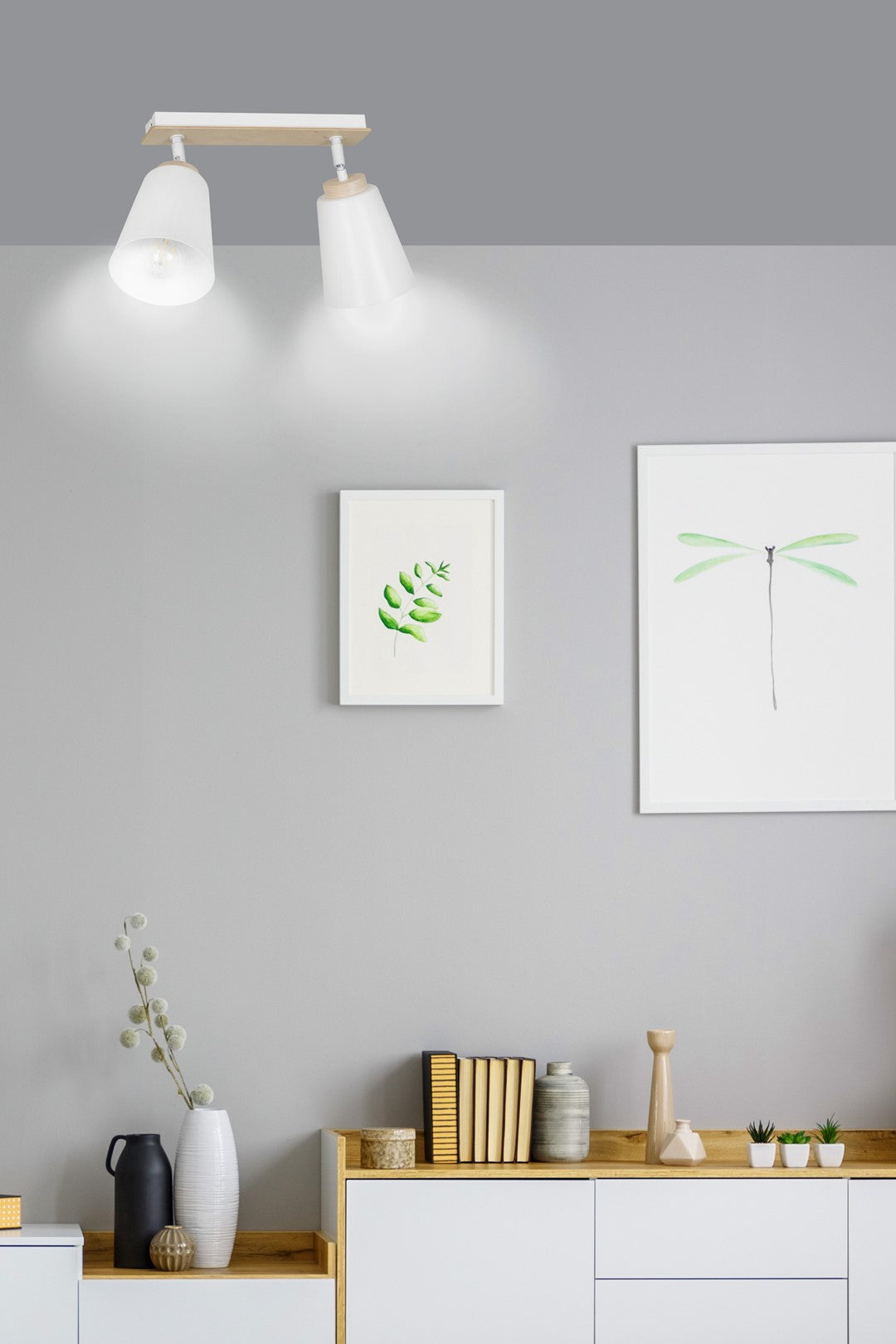 Plafondlamp staal en multiplex Scandinavisch Atlas wit, 2 spots met E27-fitting voor lage plafonds