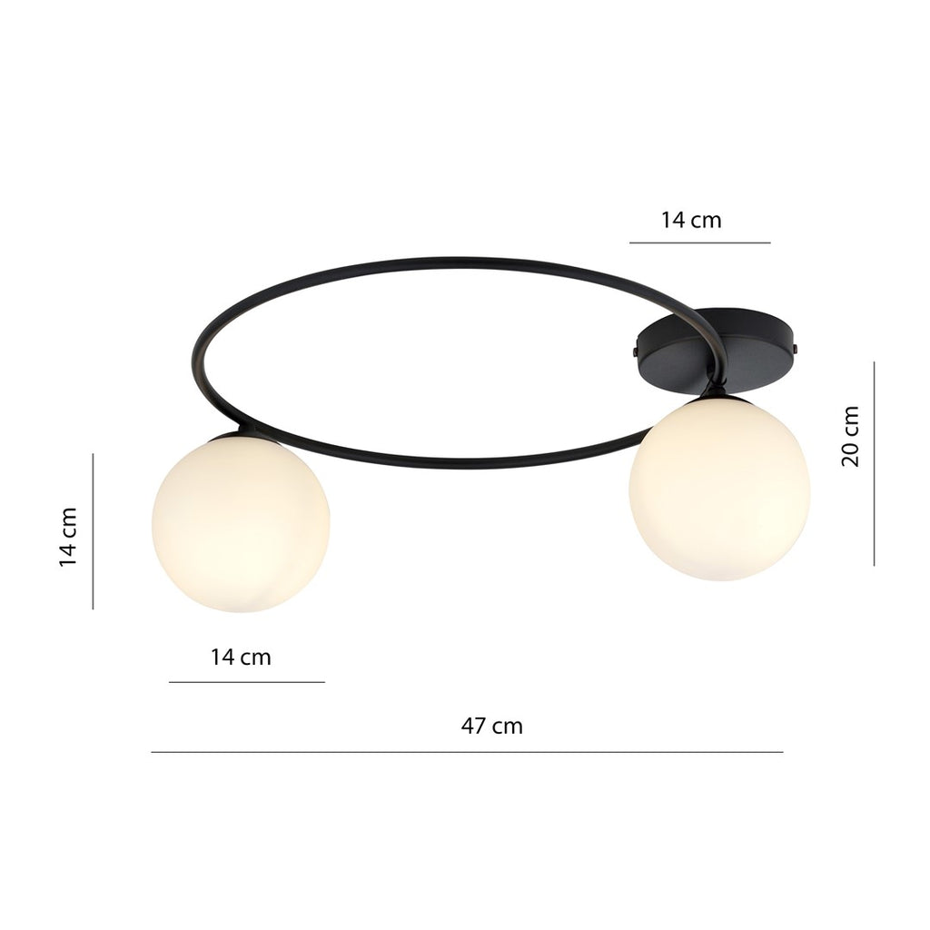 Plafondlamp Sopra 2 gepoedercoat staal en glas, minimalistisch, zwart met witte glazen kappen, 47 x 20 cm