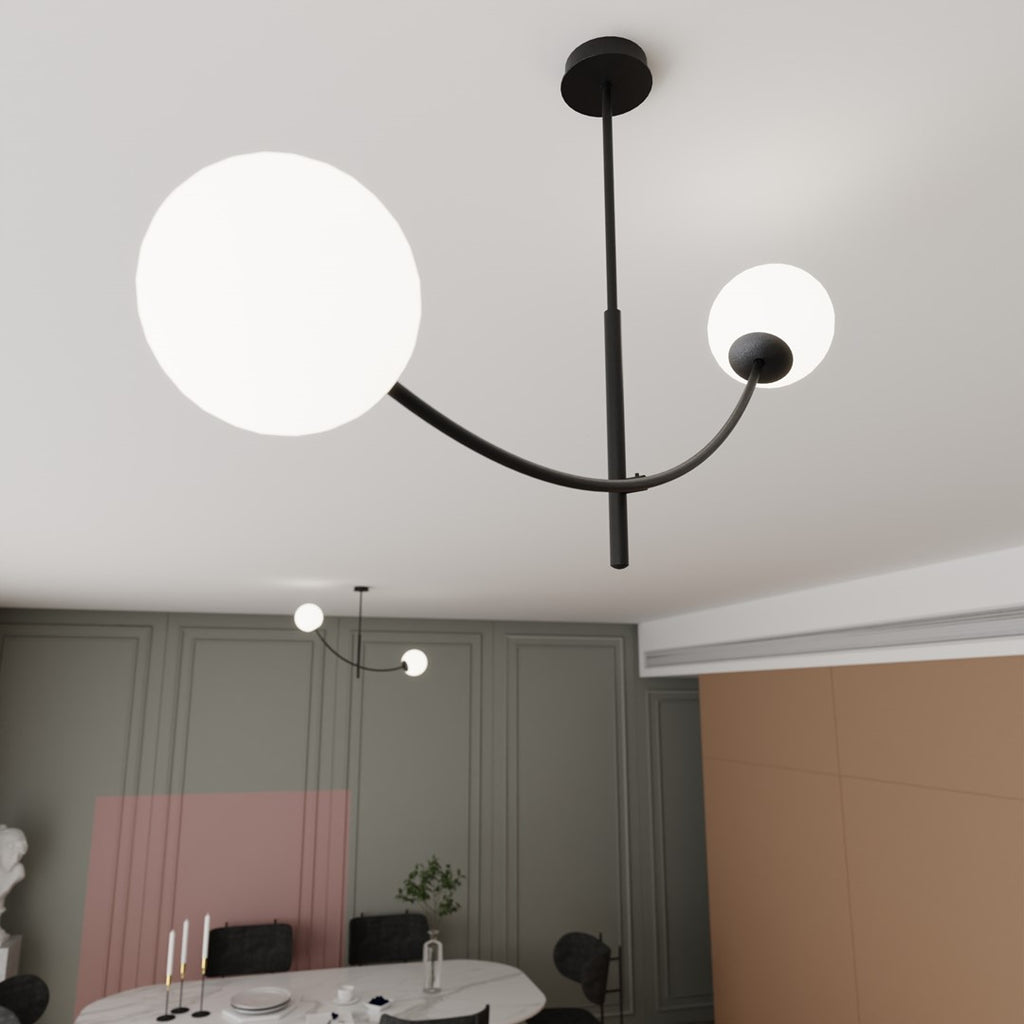 Plafondlamp gepoedercoat staal modern Hunter zwart met witte glazen kappen, 83 x 60 cm, 2 fittingen
