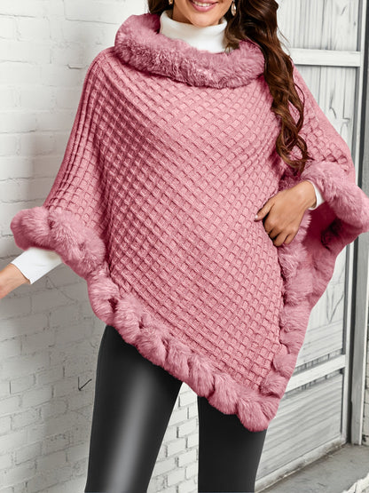 Damen Poncho gestrickt mit Kunstfellbesatz Wickelponcho