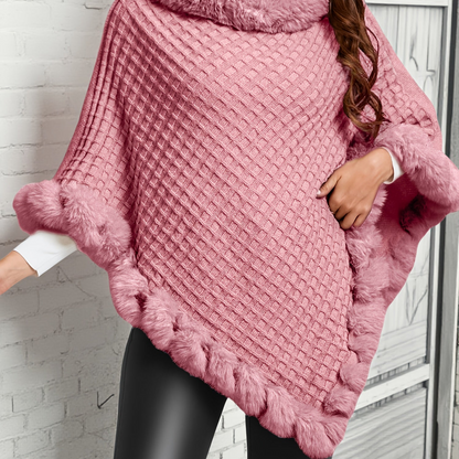 Damen Poncho gestrickt mit Kunstfellbesatz Wickelponcho