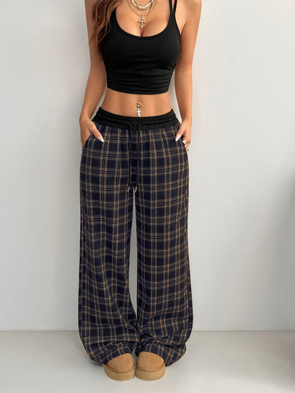 Damen Weitbeinige Karierte Freizeithose mit Kordelzug – Lässige Loungehose für Alltag und Wochenende