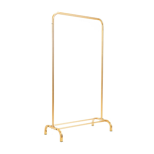 Goudkleurig metalen kledingrek met open frame en twee gebogen voeten, schuin van voren gezien