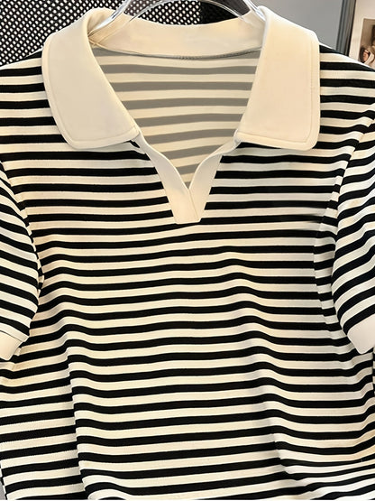 Women's polo shirt with stripes and V-neck – smart-casual style for leisure and office