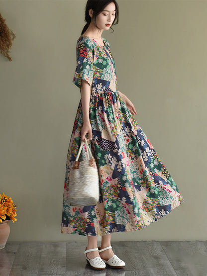 Damen Vintage Maxikleid mit Blumenmuster – Lockeres Sommerkleid im Boho-Stil für Freizeit & Urlaub