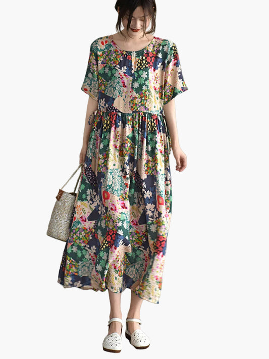 Damen Vintage Maxikleid mit Blumenmuster – Lockeres Sommerkleid im Boho-Stil für Freizeit & Urlaub
