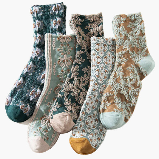 Ladies' Old-Fashioned Stockings Set – 5 Pairs, Floral Pattern, Fashionable Ornament for Daily Life & Leisure