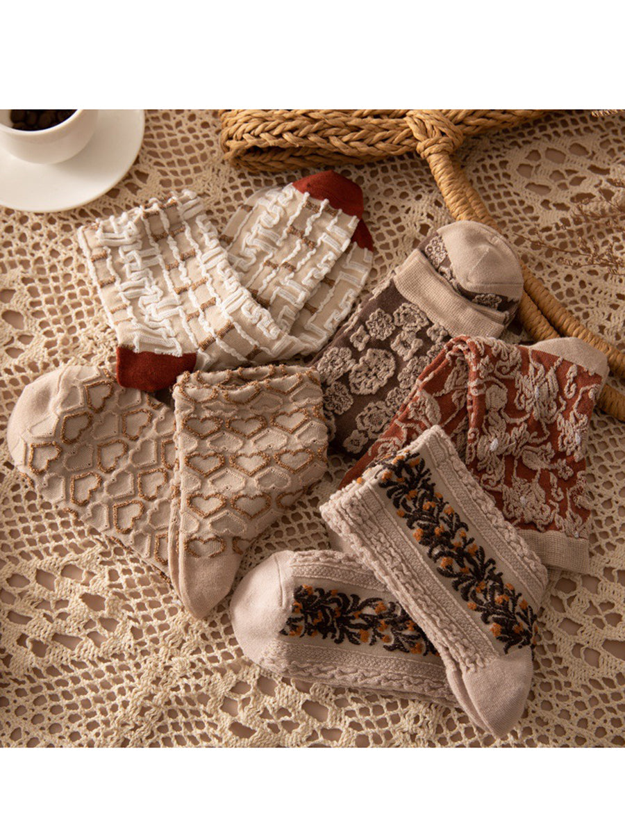 Ladies' Old-Fashioned Stockings Set – 5 Pairs, Floral Pattern, Fashionable Ornament for Daily Life & Leisure