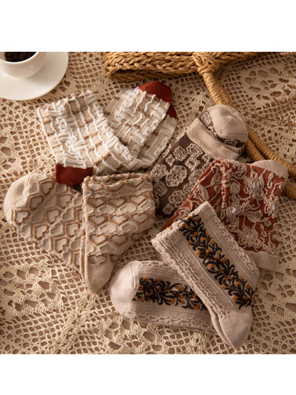 Ladies' Old-Fashioned Stockings Set – 5 Pairs, Floral Pattern, Fashionable Ornament for Daily Life & Leisure