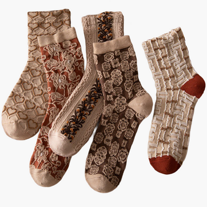 Ladies' Old-Fashioned Stockings Set – 5 Pairs, Floral Pattern, Fashionable Ornament for Daily Life & Leisure