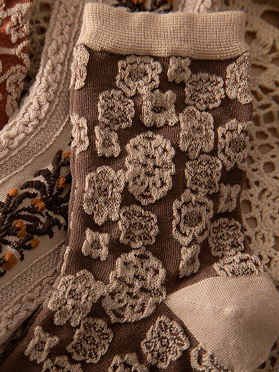 Ladies' Old-Fashioned Stockings Set – 5 Pairs, Floral Pattern, Fashionable Ornament for Daily Life & Leisure