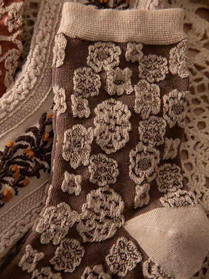 Ladies' Old-Fashioned Stockings Set – 5 Pairs, Floral Pattern, Fashionable Ornament for Daily Life & Leisure