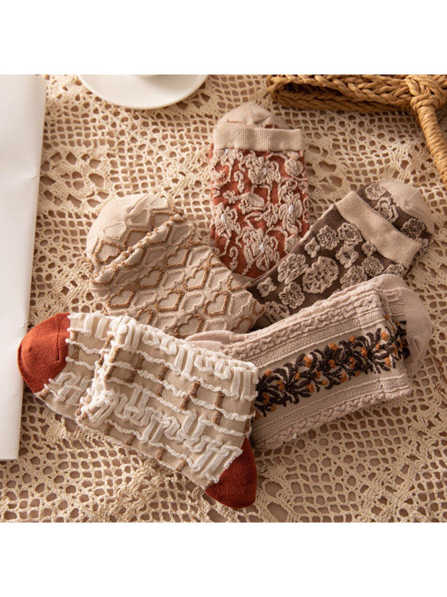 Ladies' Old-Fashioned Stockings Set – 5 Pairs, Floral Pattern, Fashionable Ornament for Daily Life & Leisure