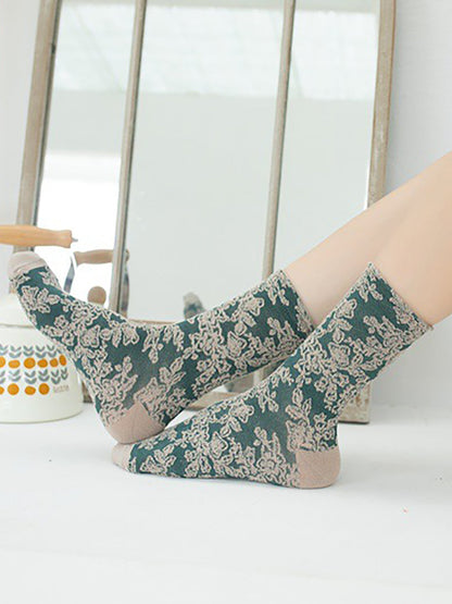 Ladies' Old-Fashioned Stockings Set – 5 Pairs, Floral Pattern, Fashionable Ornament for Daily Life & Leisure
