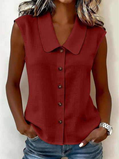 Women's sleeveless blouse with button placket and wide collar – Elegant casual wear