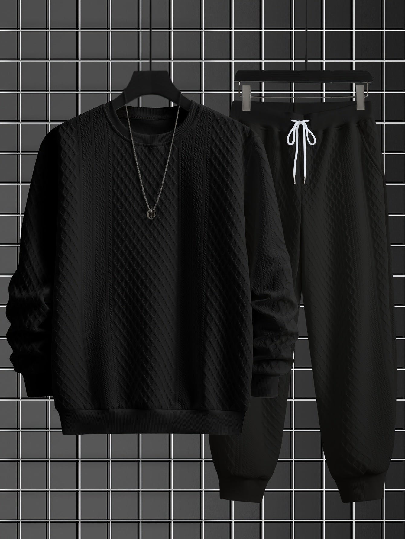 Men's two-piece tracksuit with diamond pattern, long-sleeve shirt, and jogger pants