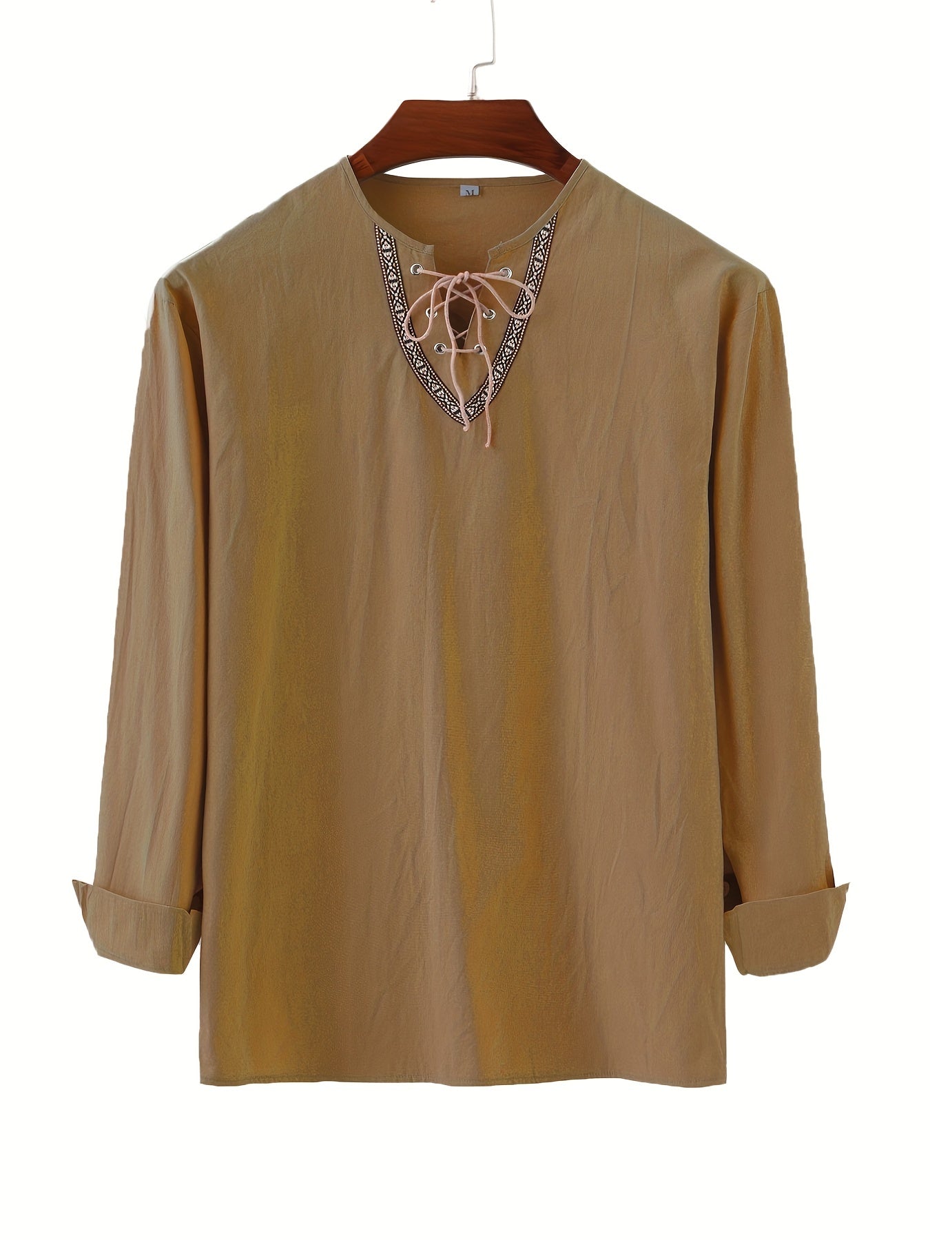 Herren Vintage Langarmshirt mit Schnürung und geometrischem Muster am Kragen
