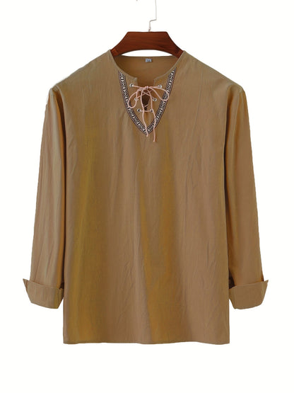 Herren Vintage Langarmshirt mit Schnürung und geometrischem Muster am Kragen