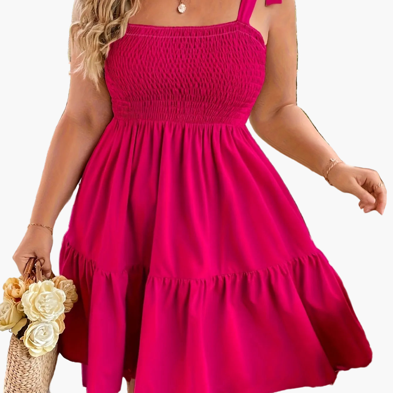 Women's Summer Mini Dress with Smocked Top and Shoulder Bow – Perfect for Vacation and Leisure