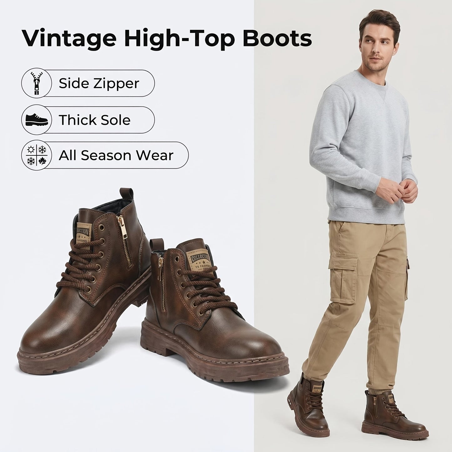Men's lace-up ankle boots with a zipper and lug sole