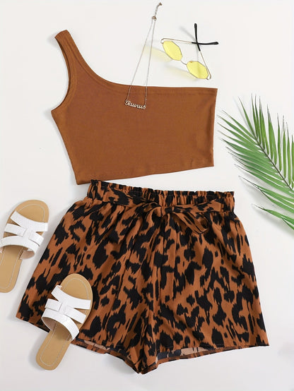 Damen Zweiteiler Set mit One-Shoulder Top und Animal Print Shorts – Elegantes Sommer Outfit