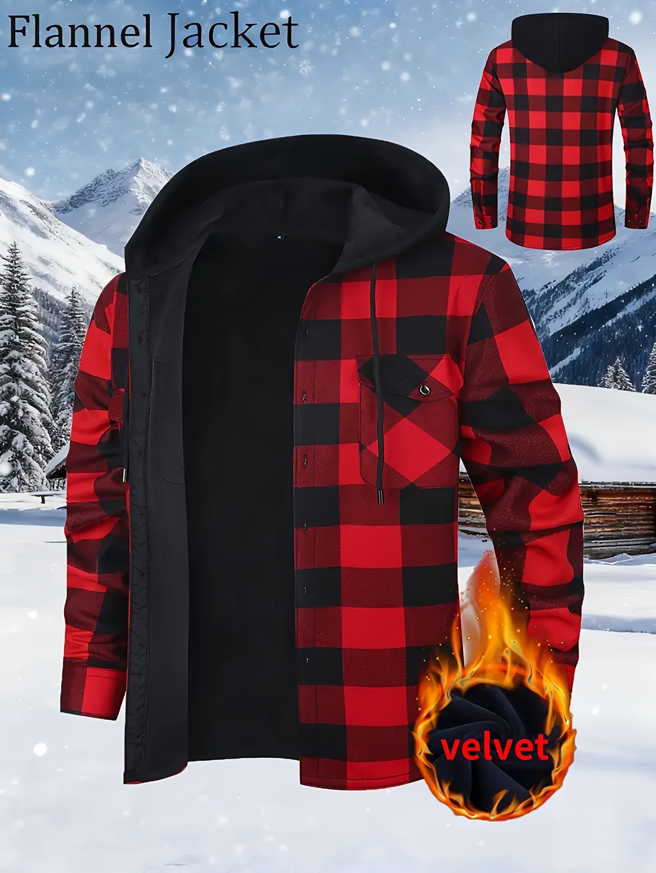 Men's checked flannel shirt with hood, lined, warm casual jacket, long sleeve