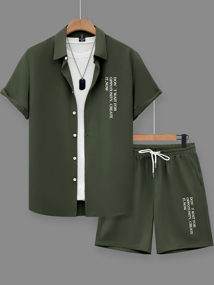 Herren Freizeit Zweiteiler Set mit Motivationsspruch – Kurzarm Hemd und Shorts, Modernes Sommer Outfit