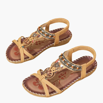 Women's Boho Sandals with Decorative Jewelry and Elastic Ankle Strap – Comfortable Summer Shoes for Casual Wear and Vacation