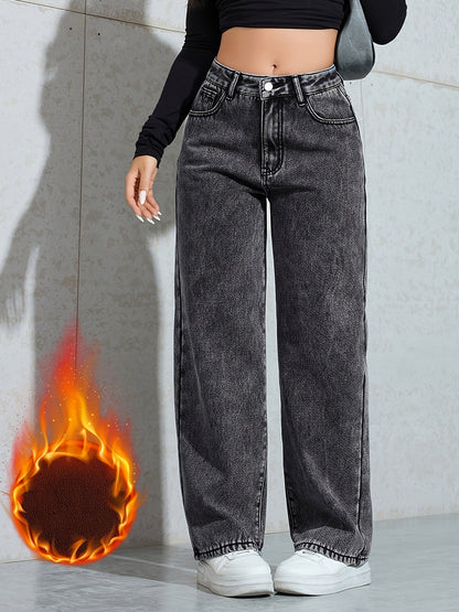 Women's wide-leg jeans with warm lining – dark gray