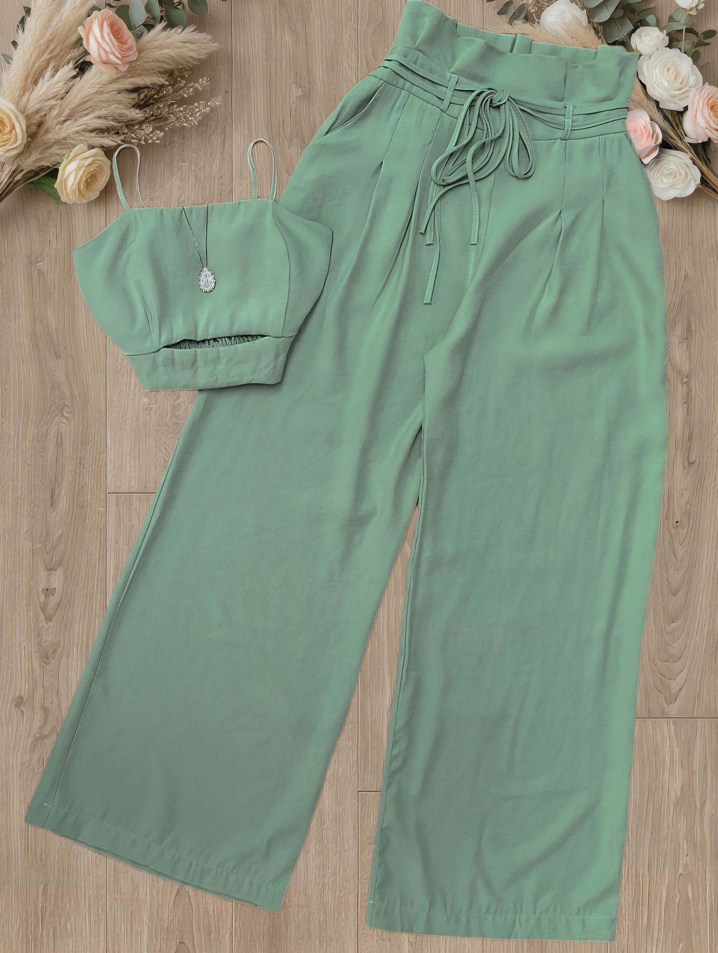 Damen Zweiteiler Set Eleganter High Waist Palazzo Hose und Bustier Top für Frühling und Sommer