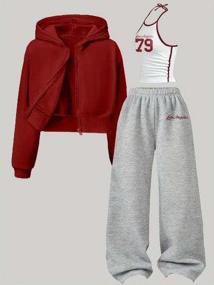 Women's 3-piece set: cropped hoodie, halter top & wide-leg joggers