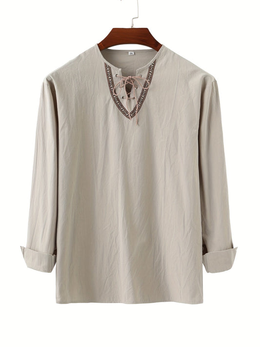 Men's vintage long-sleeve shirt with lacing and geometric pattern on the collar