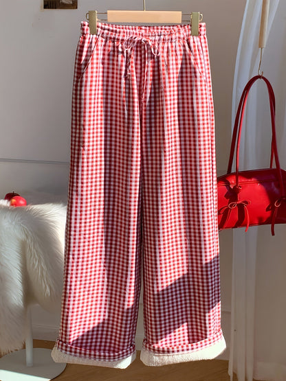 Karierte Loungehose Damen Rot Weiß Bequem Gefüttert