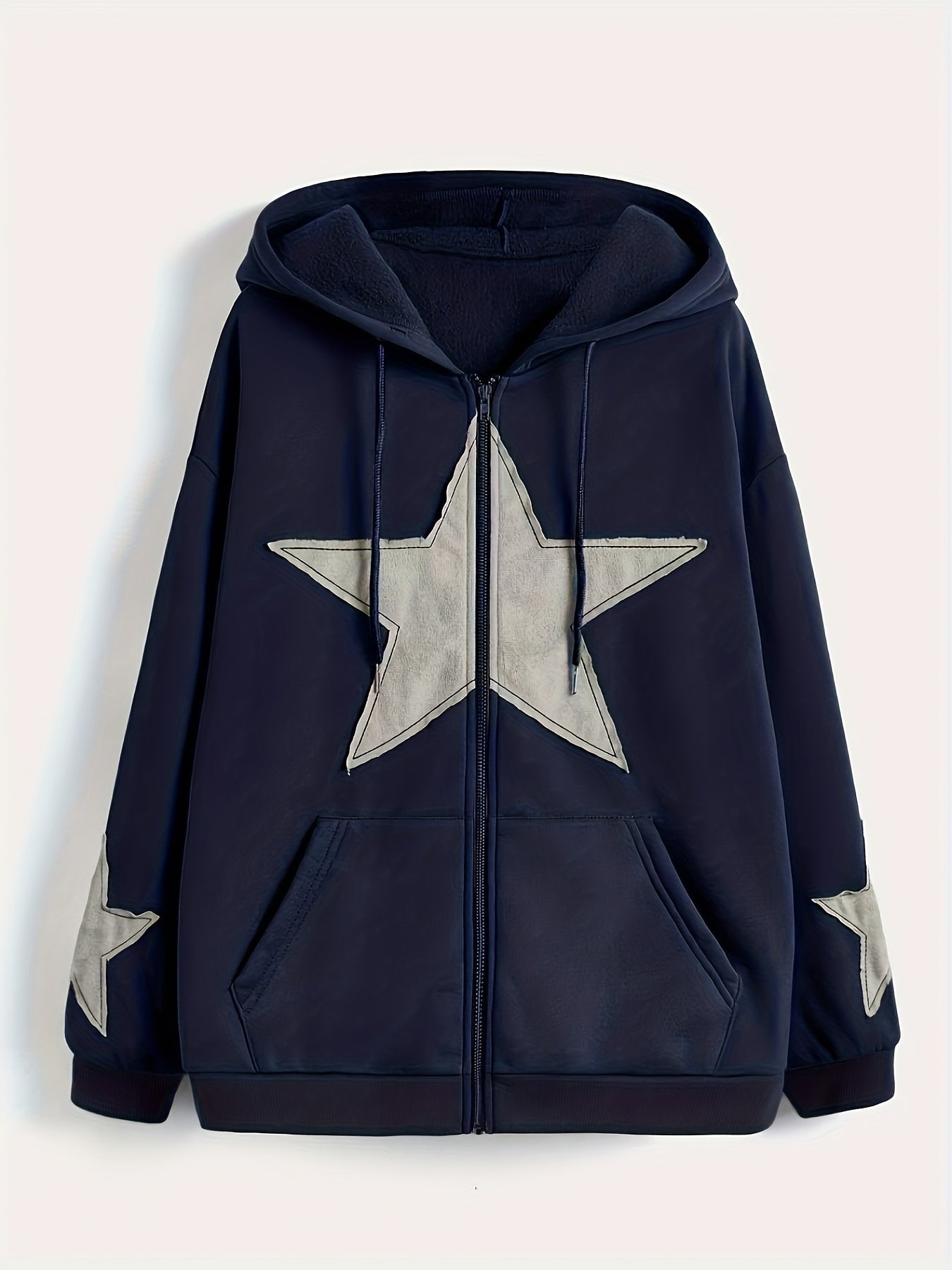 Unisex Kapuzenjacke mit Reißverschluss, Oversize, Stern-Applikationen, Kordelzug, Kängurutaschen