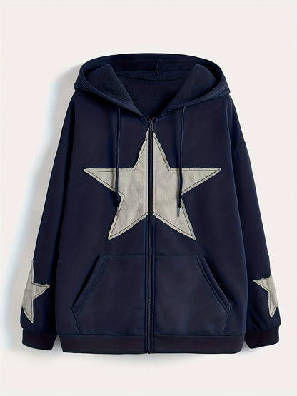 Unisex Kapuzenjacke mit Reißverschluss, Oversize, Stern-Applikationen, Kordelzug, Kängurutaschen