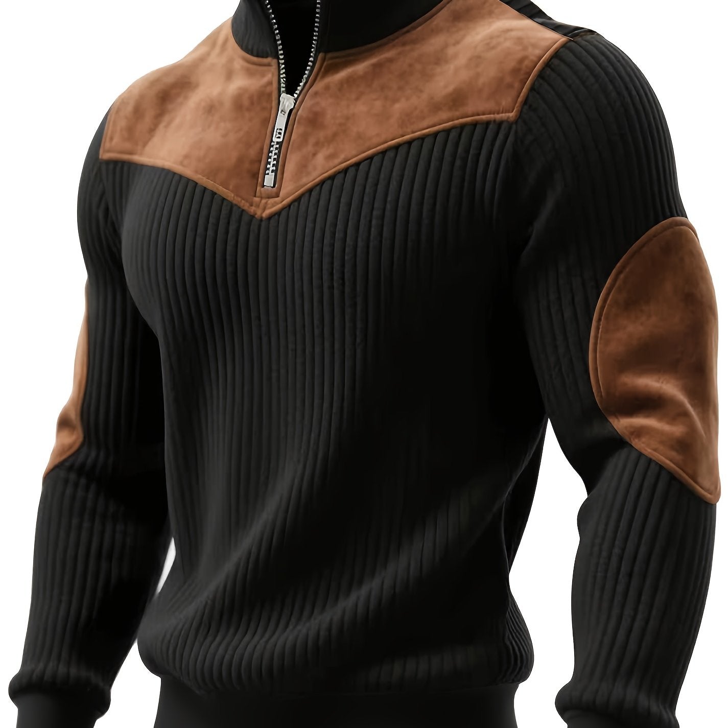 Ribbed men's quarter-zip sweater with suede-look patches
