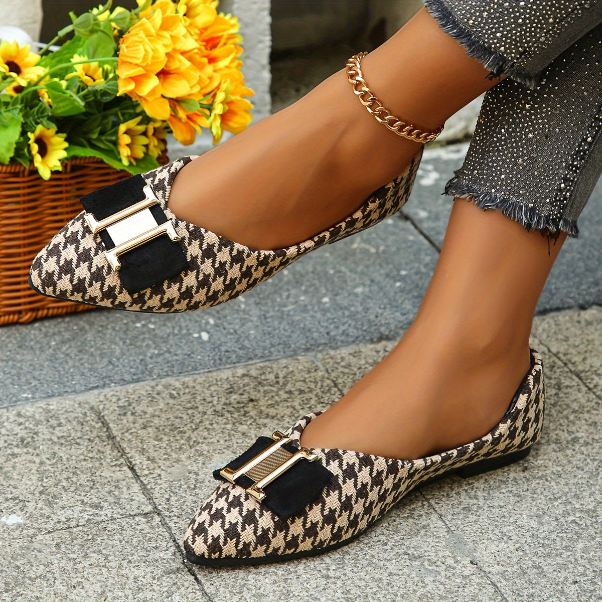 Women's Elegant Houndstooth Lace Shoes with Bow Detail – Stylish Everyday Ballet Flats for Spring & Office