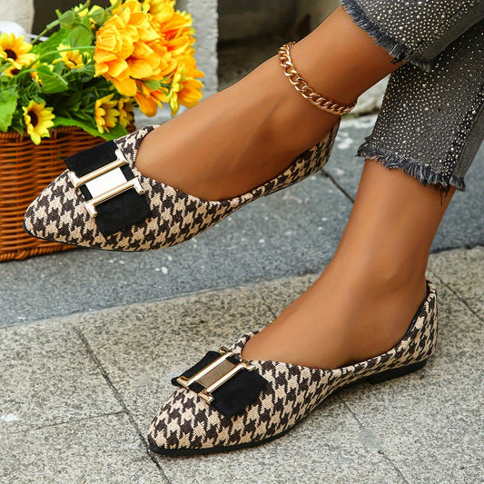 Women's Elegant Houndstooth Lace Shoes with Bow Detail – Stylish Everyday Ballet Flats for Spring & Office