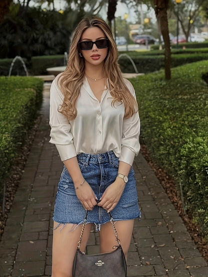Women's Elegant Street Style Blouse Shirt and Denim Skirt Set – Fashionable Summer Look for Everyday and Leisure